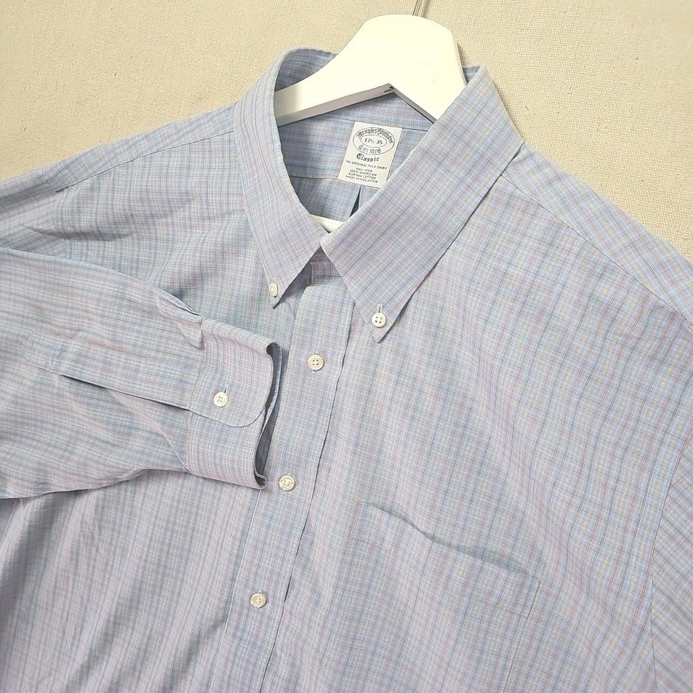 Brooks Brothers Shirt Men's 17.5‎ X 35 Blue Plaid 1818 Dress Classic Long Sleeve